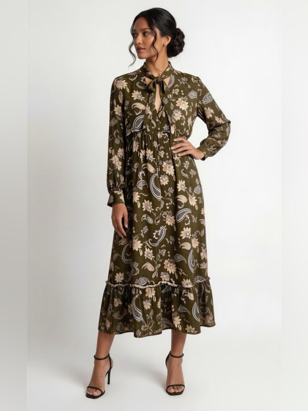 Zara Size Large Olive Floral Tie-Neck Midi Dress Boho Relaxed Business Casual